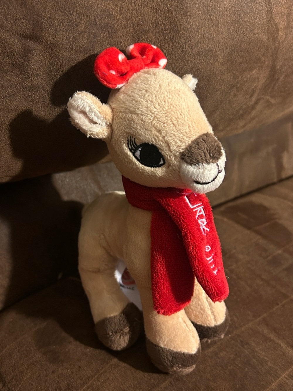 Beige Plush Deer with Red Scarf and Bow - Holiday Kids Stuffed Animal